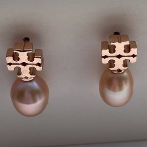 Tory Burch rose gold logo pearl earrings